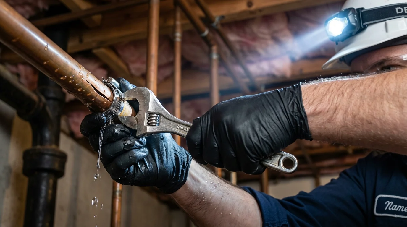 Emergency pipe clamp repair being performed by a Johns Plumbing LLC plumber in Inez