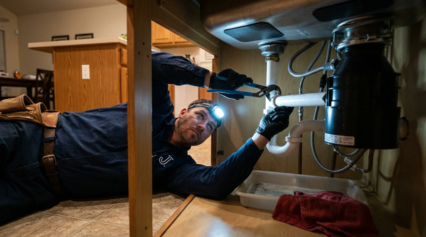 P-trap and supply line connections under a kitchen sink showing a common leak point in Inez, KY